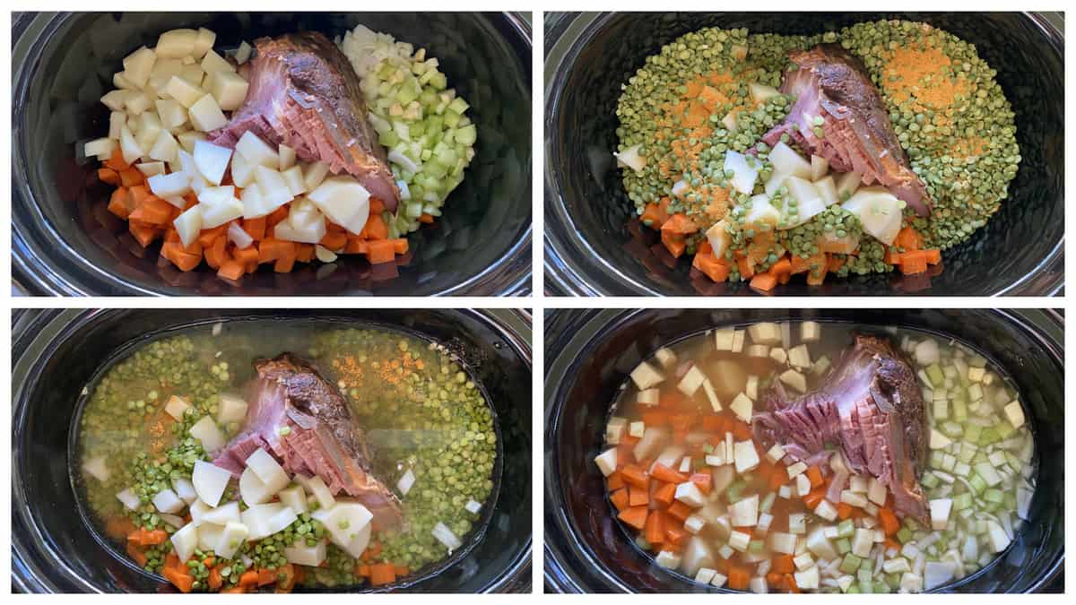 Four photos of the process of putting together the Slow Cooker Split Pea Soup recipe.