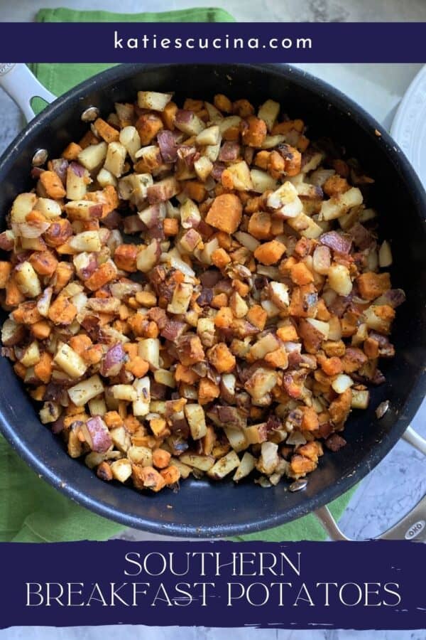 Top view of a skillet filled with white and orange potatoes with text on image for Pinterest.