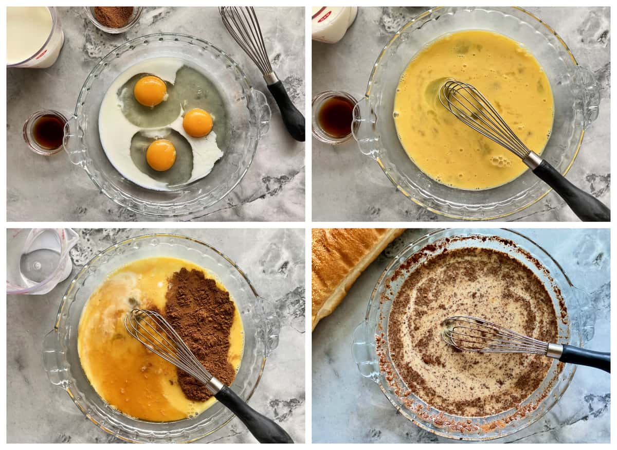 Four photos of making the egg/milk batter for french toast.