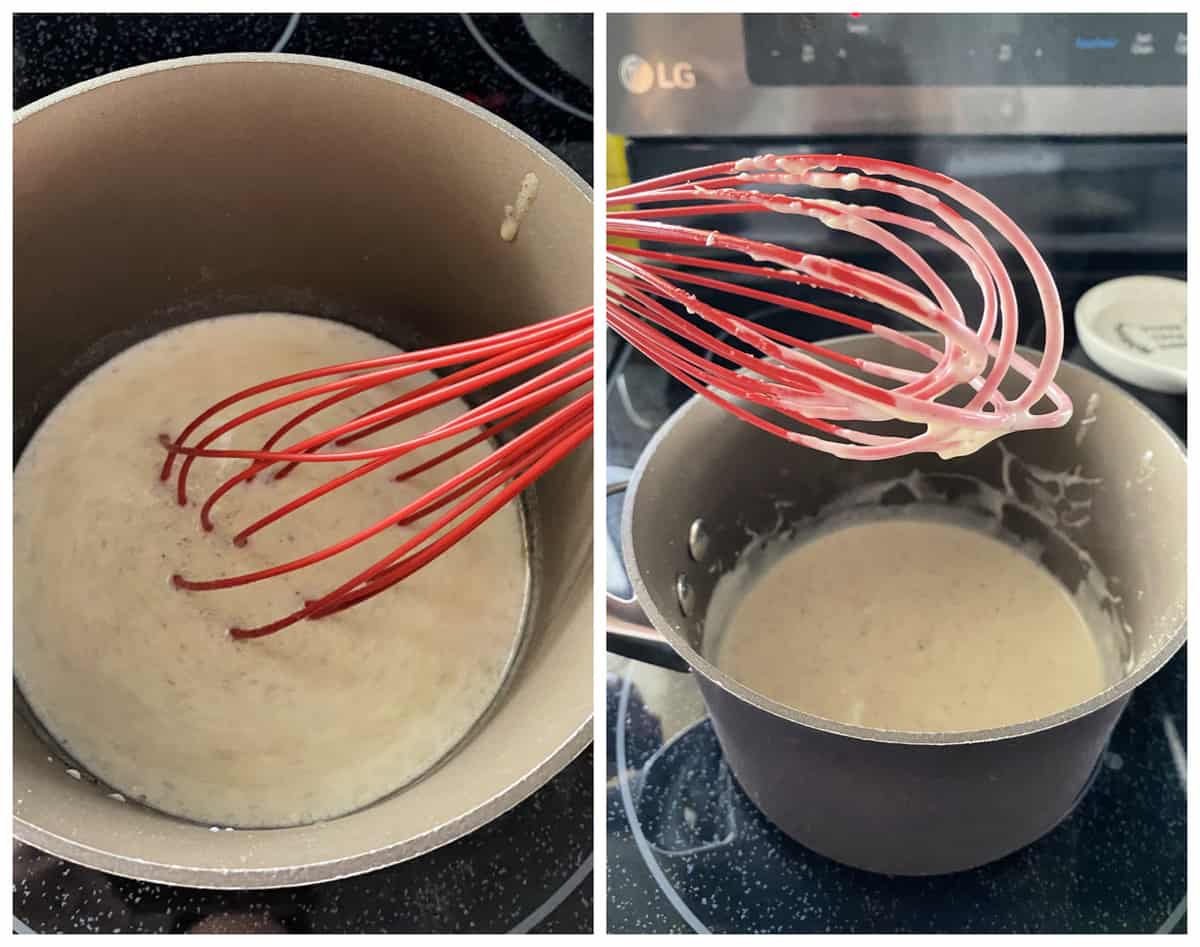 Two photos of stirring white gravy on the stove top in a sauce pan.