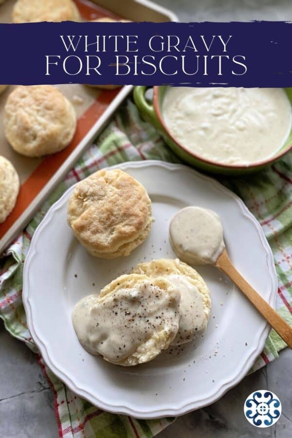 Top view of a white plate filled with biscuits and gravy with text on image for Pinterest.