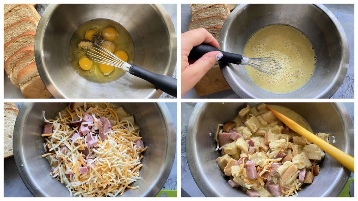 Four photos sharing the process of how to make a breakfast casserole; mixing eggs in a bowl, layering ingredients and mixing together.