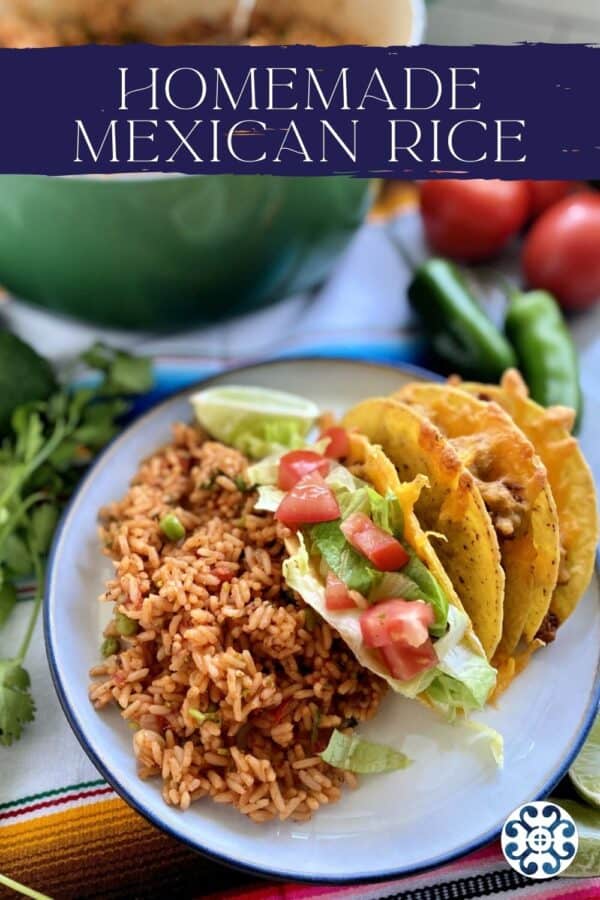 Top view of a white plate with Mexican Rice with recipe title on image.