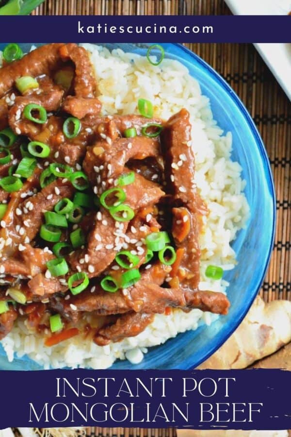 Top view of blue bowl filled with rice and beef strips with text on image for Pinterest.