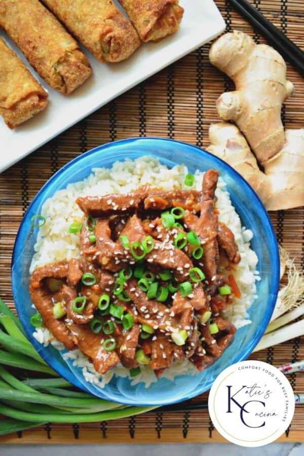 Top view of a blue bowl with white rice and beef on top with logo on right corner.