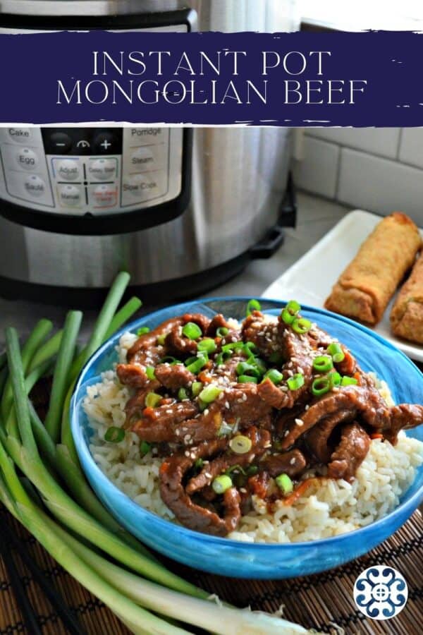 Blue bowl filled with rice and strips of beef with Instant Pot in background and text on image for Pinterest.