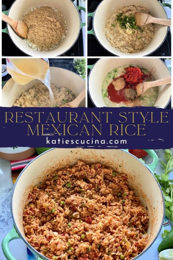 5 photos split by recipe title text; top 4 of how to make Mexican Rice, bottom photo of a pot of Mexican Rice.