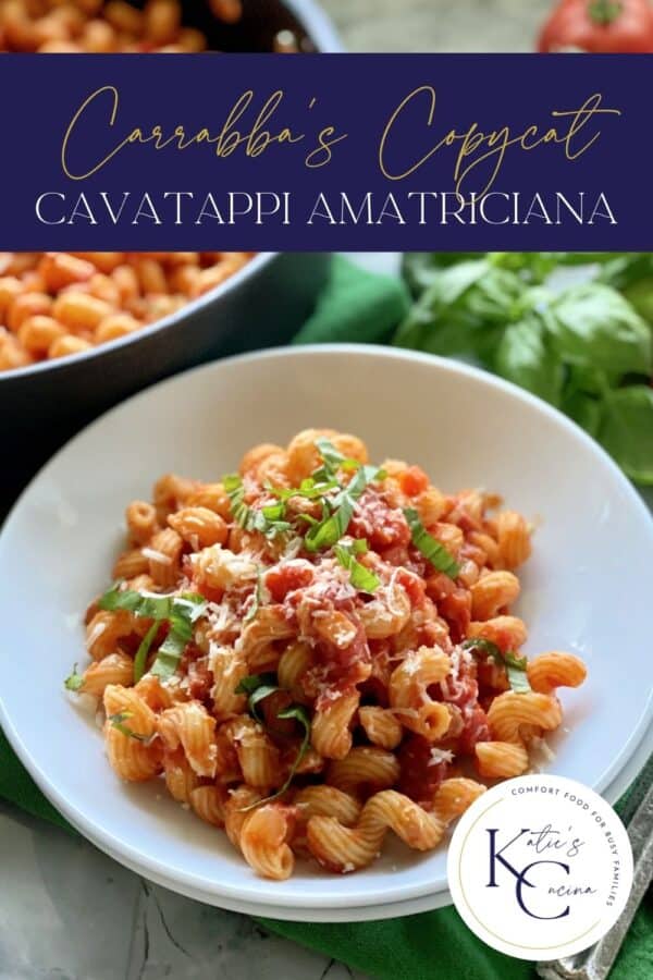 Top view of a white bowl filled with corkscrew pasta with recipe title text on image.