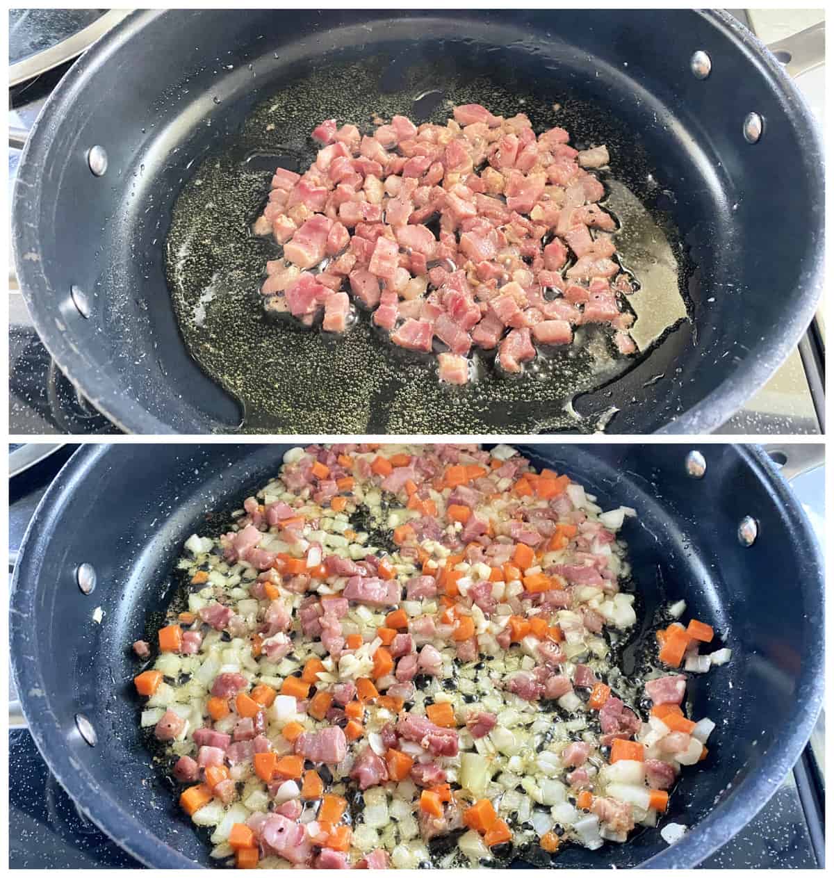 Two photos; Top of diced meat in an oil skillet. Bottom of diced onion, carrots, and meat in skillet.