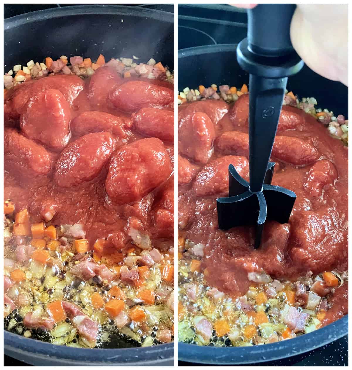 Two photos; left of canned peeled tomatoes in vegetables, right of a meat grinder crushing tomatoes.