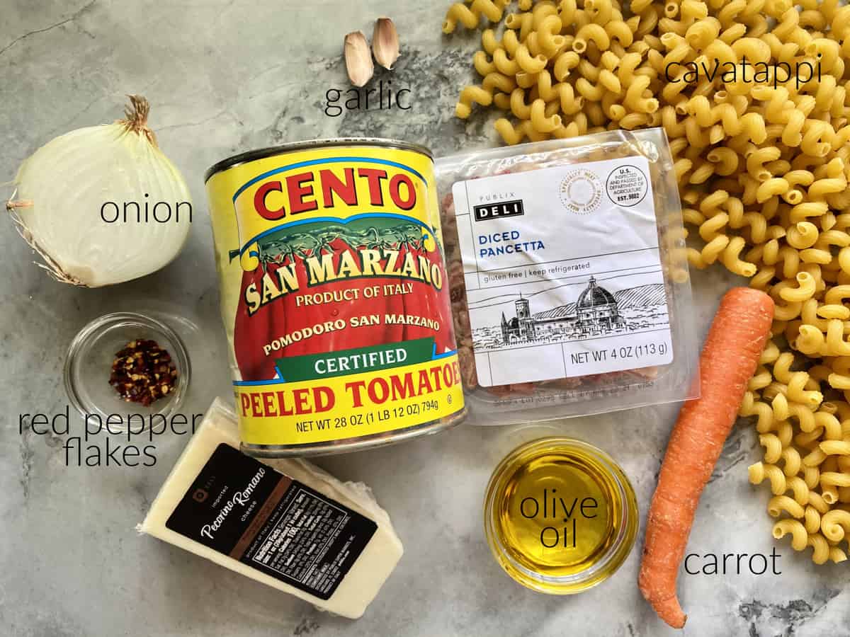 Ingredients: onion, red pepper flakes, pecorino romano, garlic, peeled tomatoes in can, diced pancetta, olive oil, carrot, and cavatappi pasta.