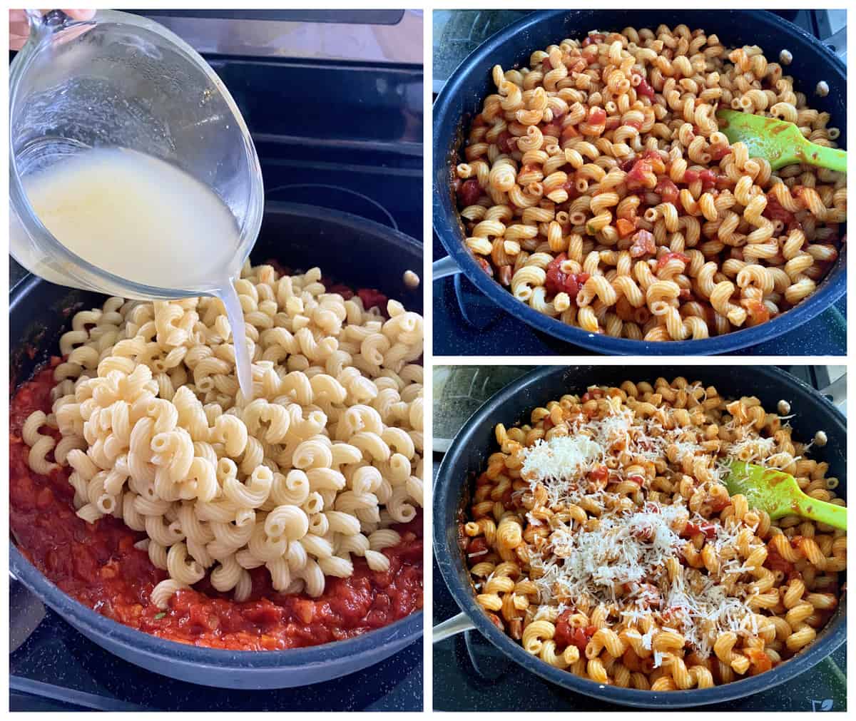 Three photos: left of pasta water pouring into corkscrew pasta with sauce, right of grated cheese and basil.