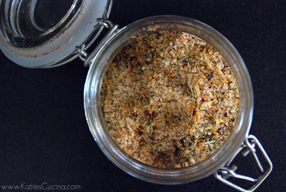 Top view of a glass jar filled with a seasoning.