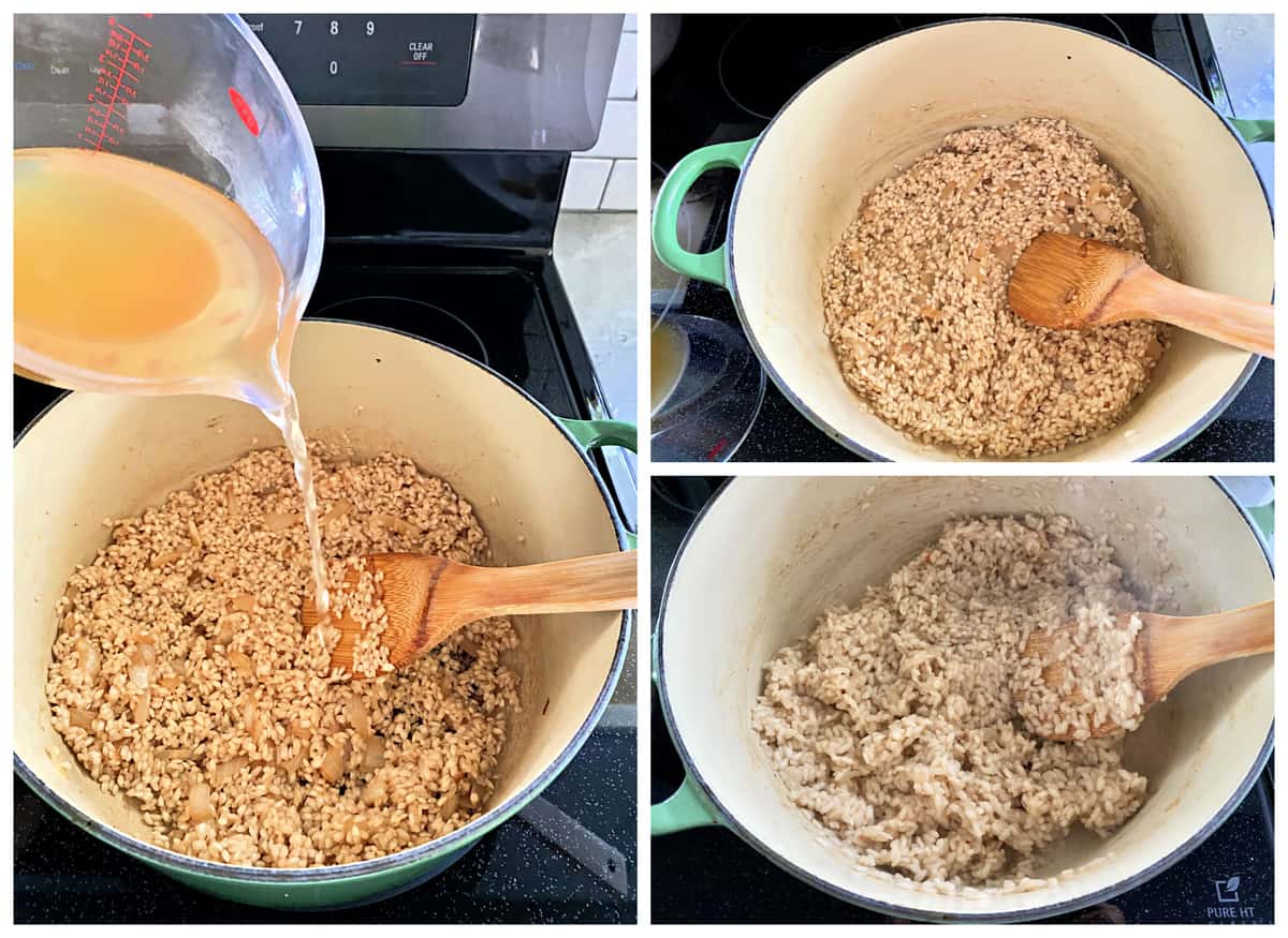 Three photos of risotto being made in a green stock pot on the stove.