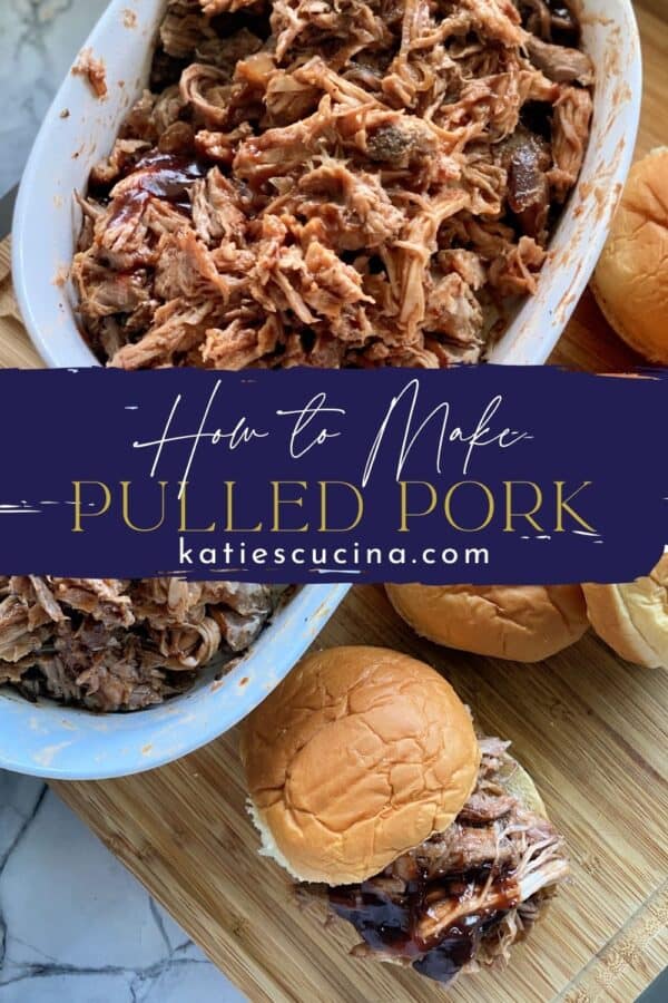 Two photos divided by recipe title text; bottom of pulled pork sandwich, top of a white bowl filled with shredded pork.