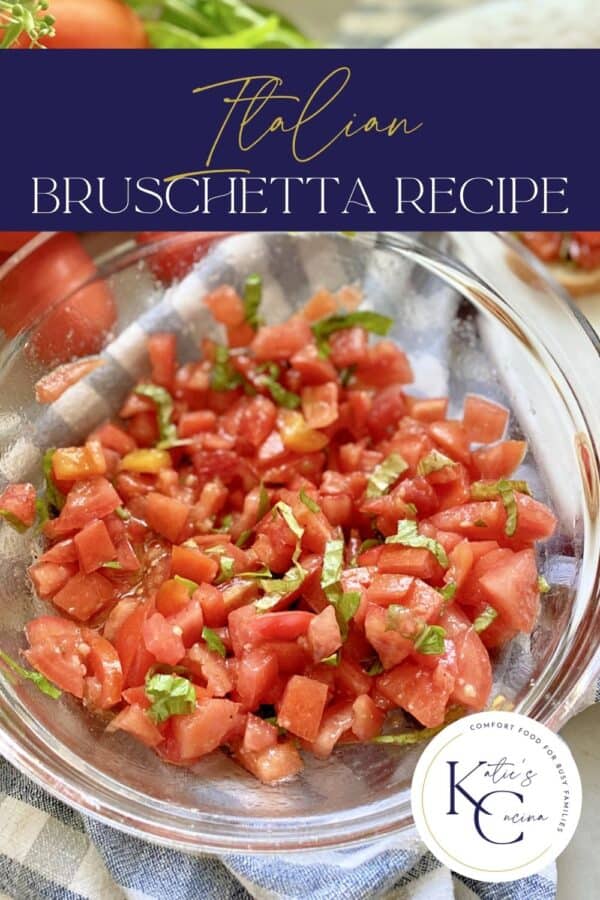 Glass bowl filled with diced tomatoes with basil and recipe title text on image.