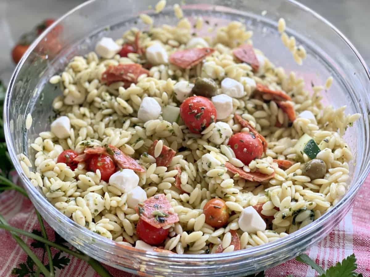 Gladd bowl filled with orzo Italian pasta salad.