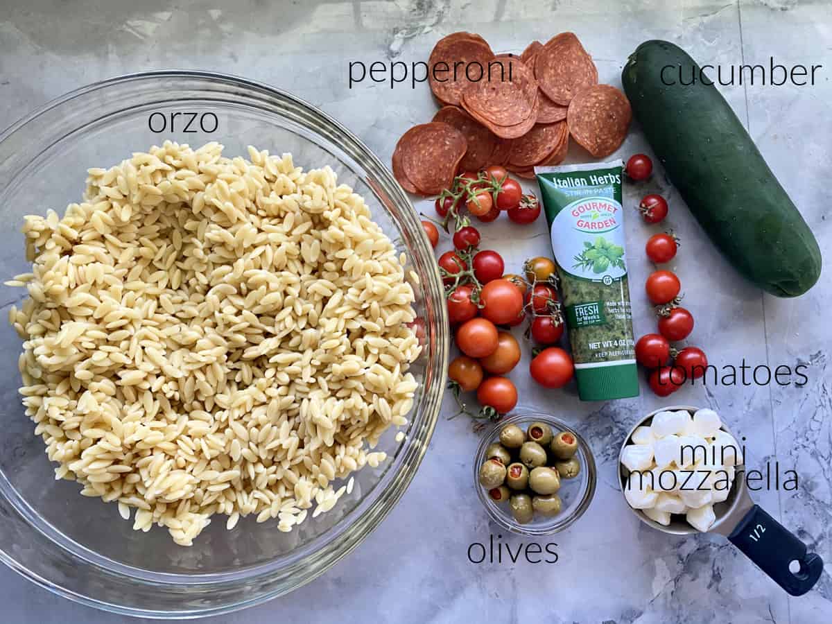 Ingredients on counter; orzo, pepperoni, cucumber, tomatoes, italian herbs, olives, and mini mozzarella.