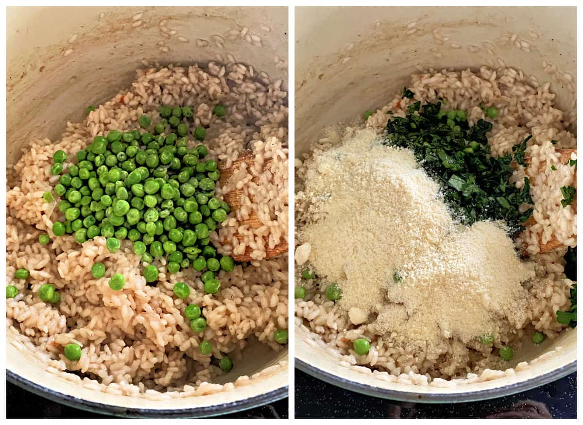 Two photos; left of risotto with peas, right with parsley and parmesan cheese.