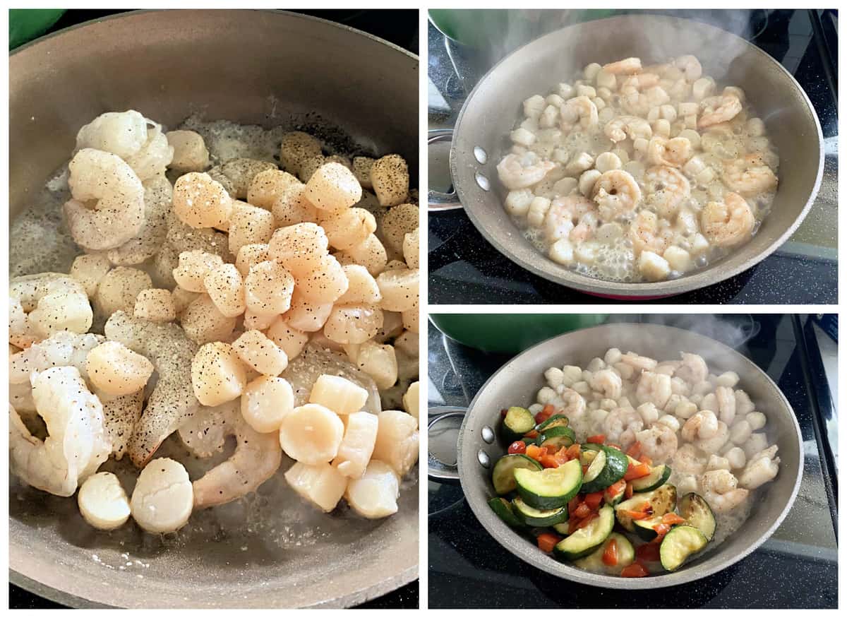 Three photos: left of scallops and shrimp raw in a pan, top right of cooking shrimp and scallops, and bottom right of cooked seafood with zucchini and pepers.