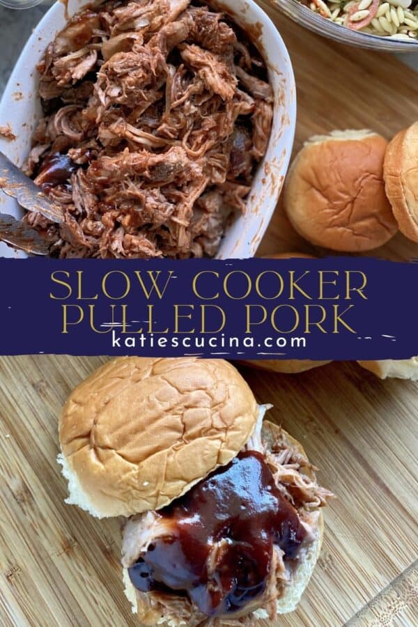 Two photos split by recipe title text; top of a shredded pork dish bottom of a bun with pulled pork on it.