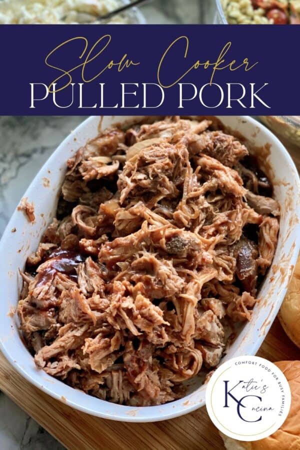White oval bowl filled with shredded pork with recipe title text on image for Pinterest.