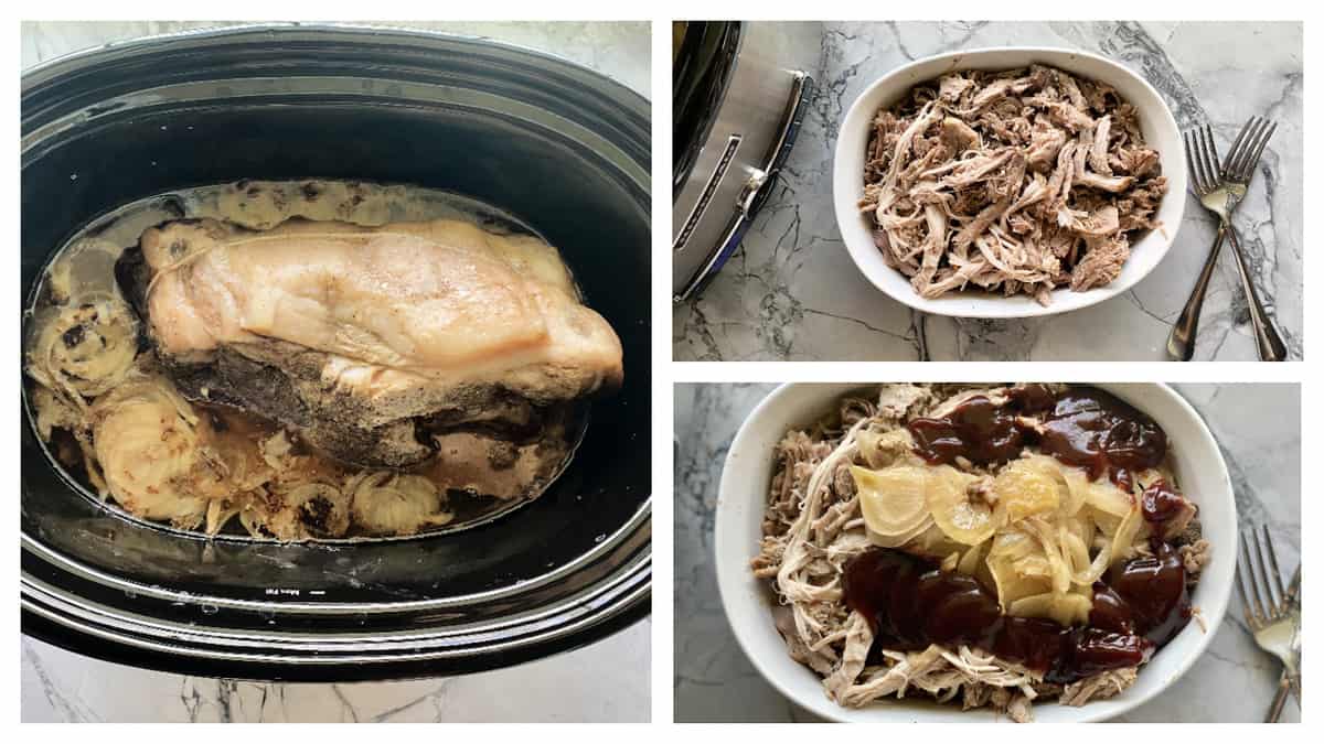 Three photos of cooked pork; right photos of shredded pork with barbecue sauce.