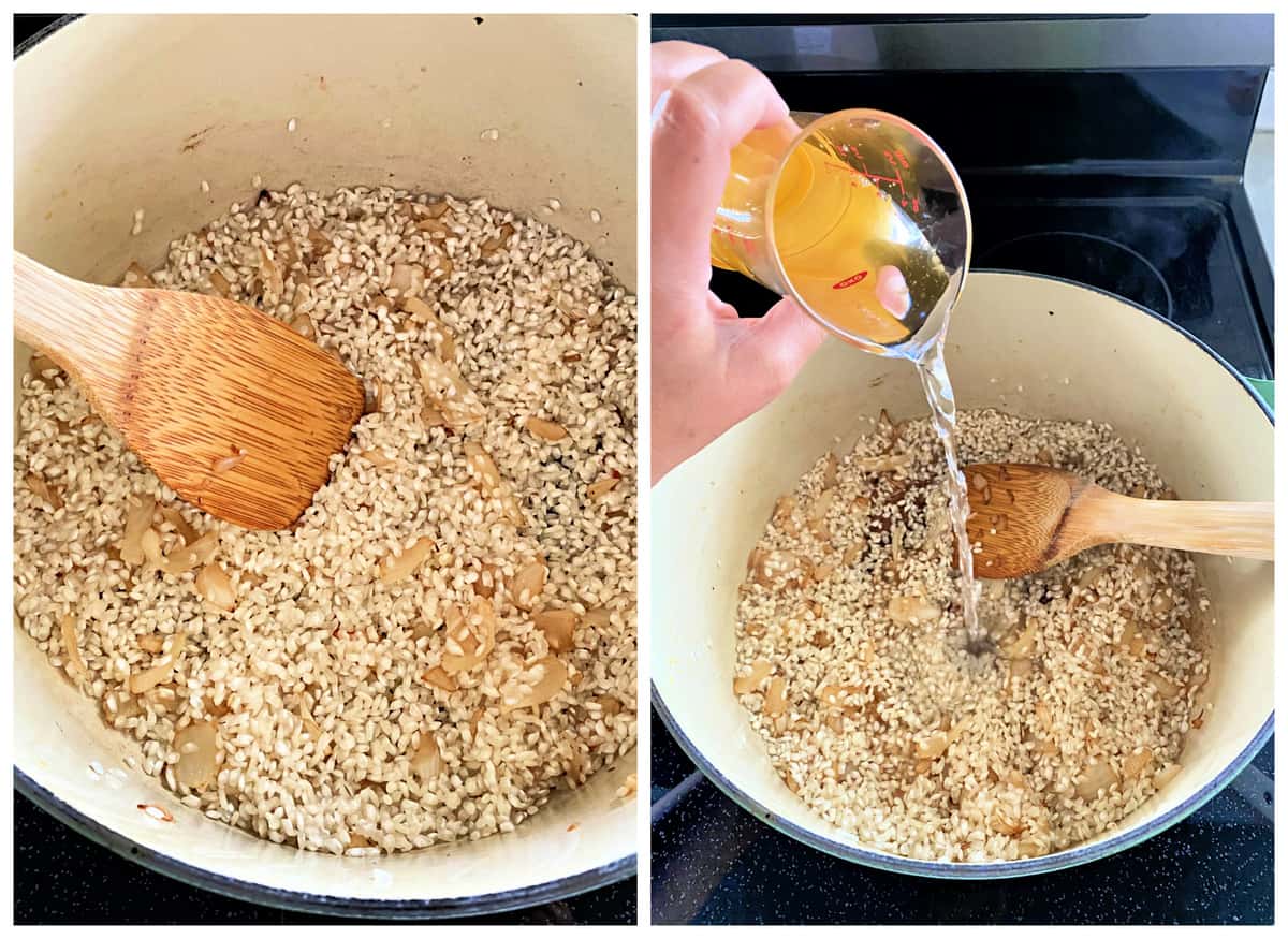 Two photos: left with wooden spoon and arborio rice, right women pouring wine into a potwith arborio rice.