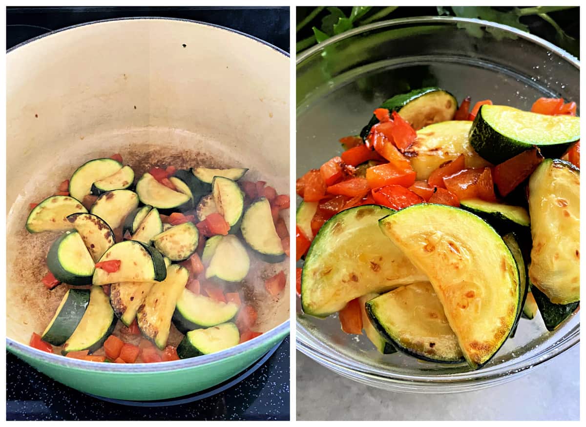 left photo: Sauteed zucchini and red peppers in a pot; right photo of glass bowl with cooked zucchini and peppers.