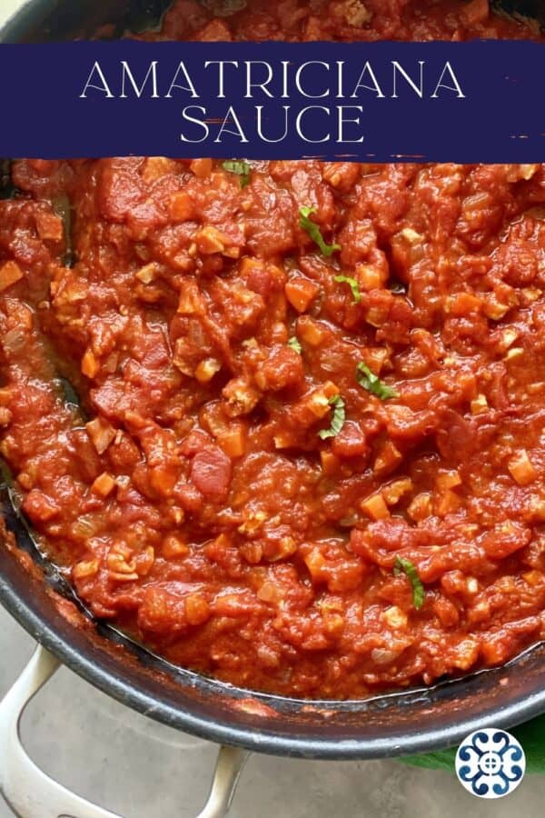 Top view of a skillet full of thick red sauce with basil threads and recipe title text on image.