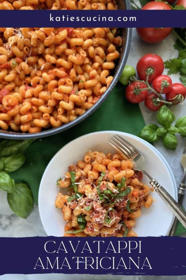 Top view of a skillet and bowl filled with corkscrew pasta with tomato sauce with recipe title text on image.