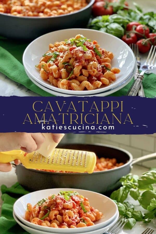 Two photos split by recipe title text on image. Top of a bowl of corkscrew pasta, bottom of hand grating cheese.