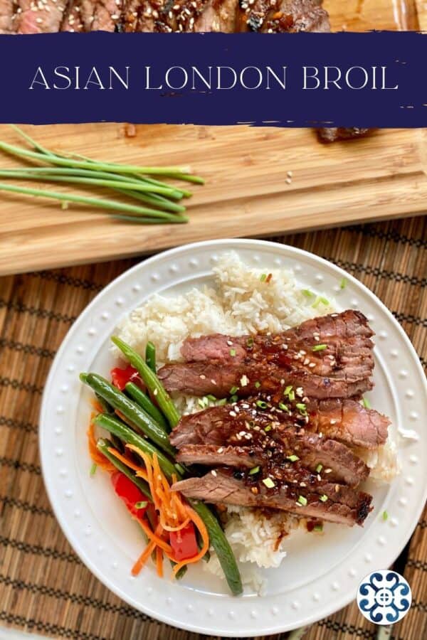 Top view of a white plate filled with rice, steak, and green beans with recipe title on photo.