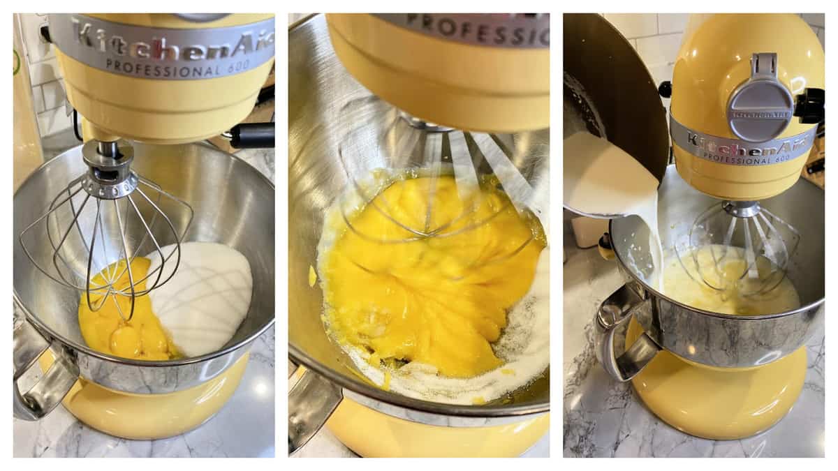 Three photos of a yellow KitchenAid Mixer mixing eggs and sugar and cream.