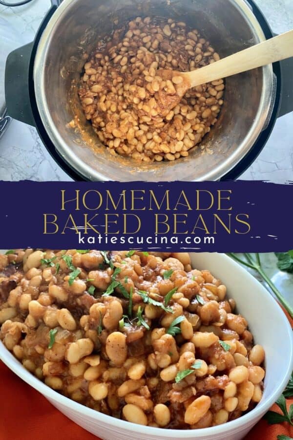 Two photos split by recipe title text; top of baked beans in an Instant pot, bottom of a bowl of baked beans.