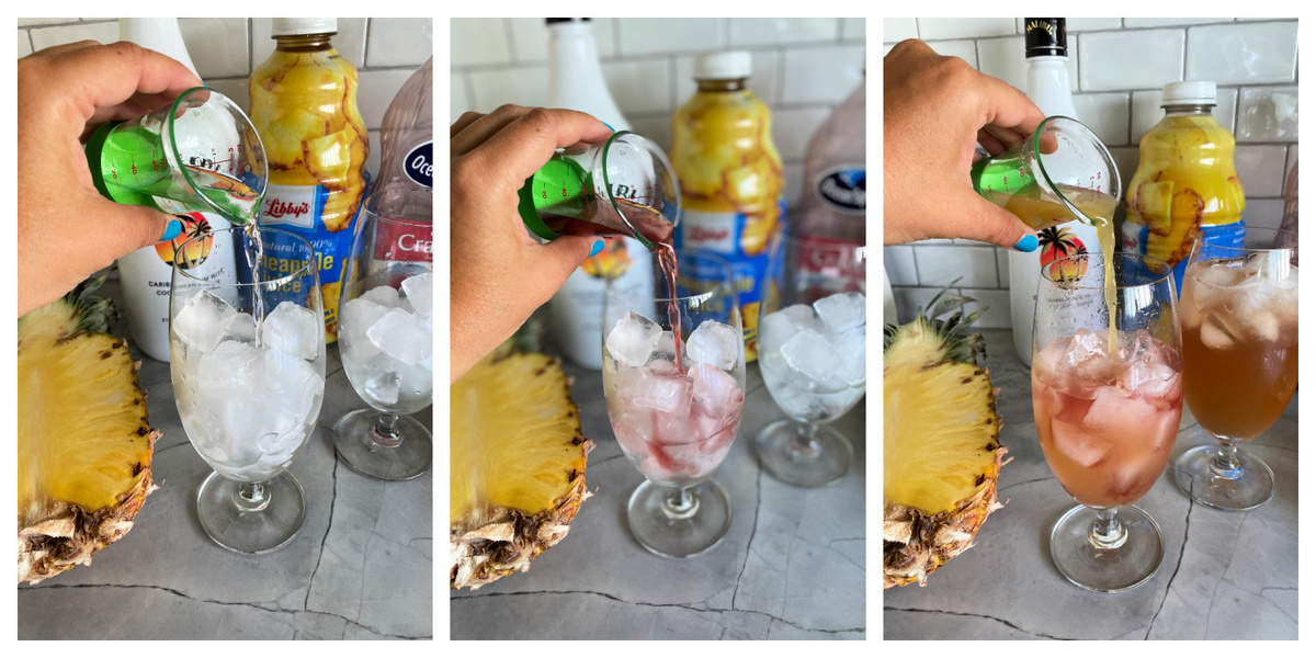 Three photos showing how to make a Malibu Bay Breeze.