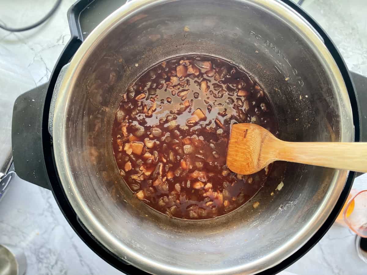 Top view of an Instant Pot with homemade barbecue sauce.