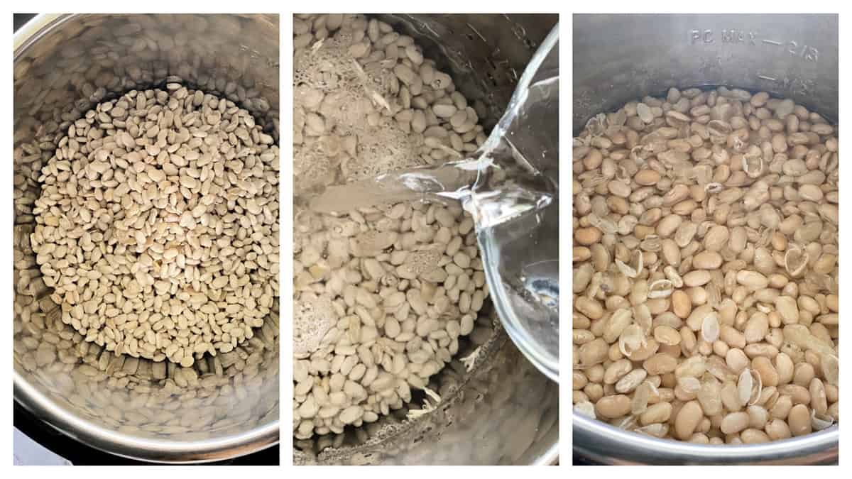 Three photos of white beans in an Instant Pot.
