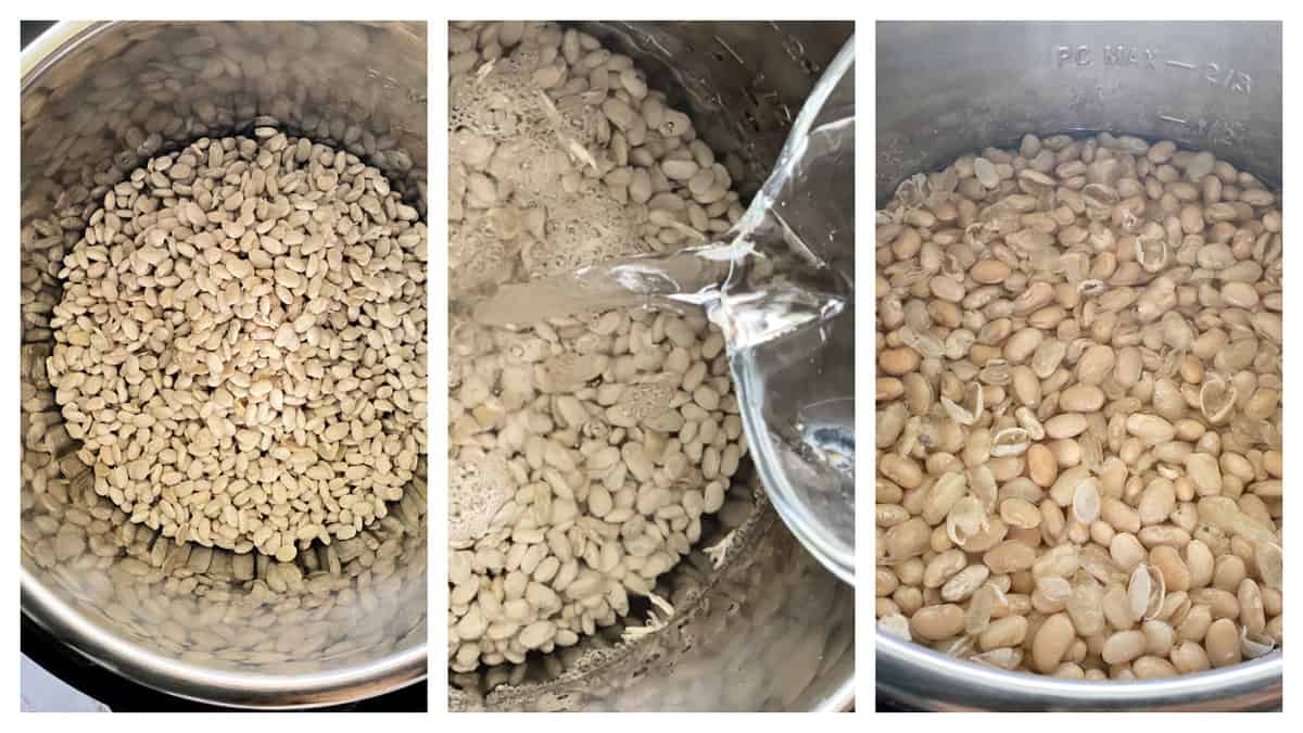 Three photos of white beans in an Instant Pot. 