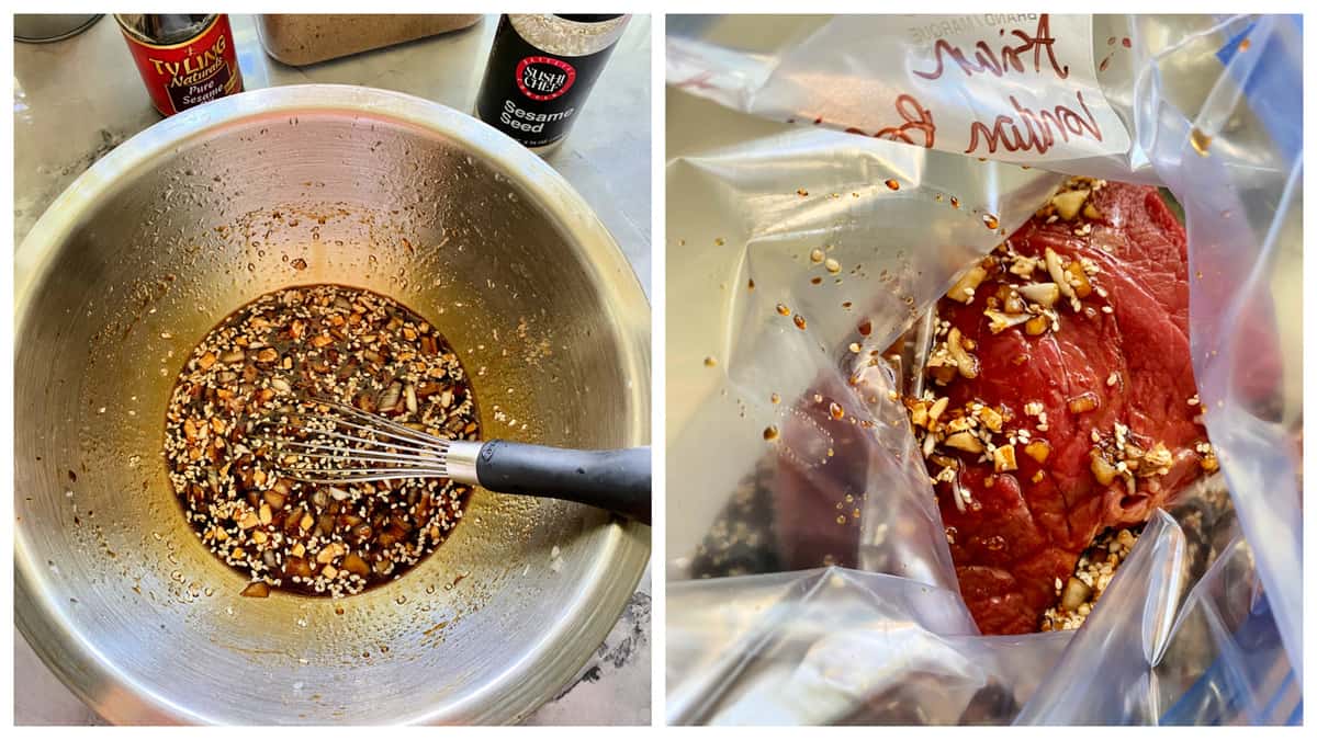 Two photos; left of a silver mixing bowl with sauce and a whisk, right photo of steak with marinade in a bag.