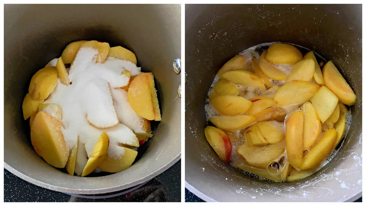 Two photos of a black pot filled with sliced peaches with sugar and syrup.