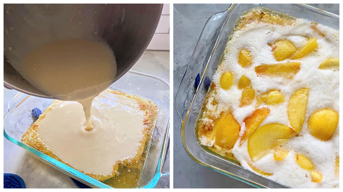 Two photos of a square glass baking dish; left of batter being pour on top of the dish. Right of peaches and batter.