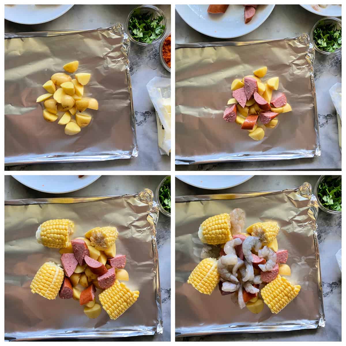 Four photos of the process of making a shrimp boil packets, poatoes, corn, sausage, and shrimp.