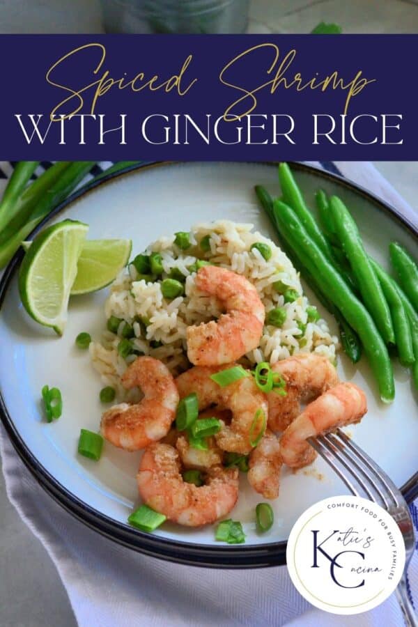 White plate filled with shrimp, green onions, rice, peas, and green beans with text on image for Pinterest.