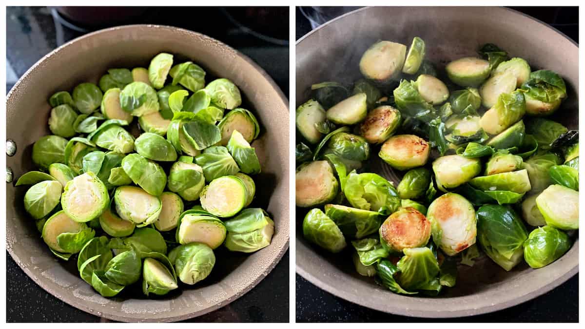 Two photo; left of sliced fresh brussel sprouts in a pan right of cooked brussels sprouts in a pan.