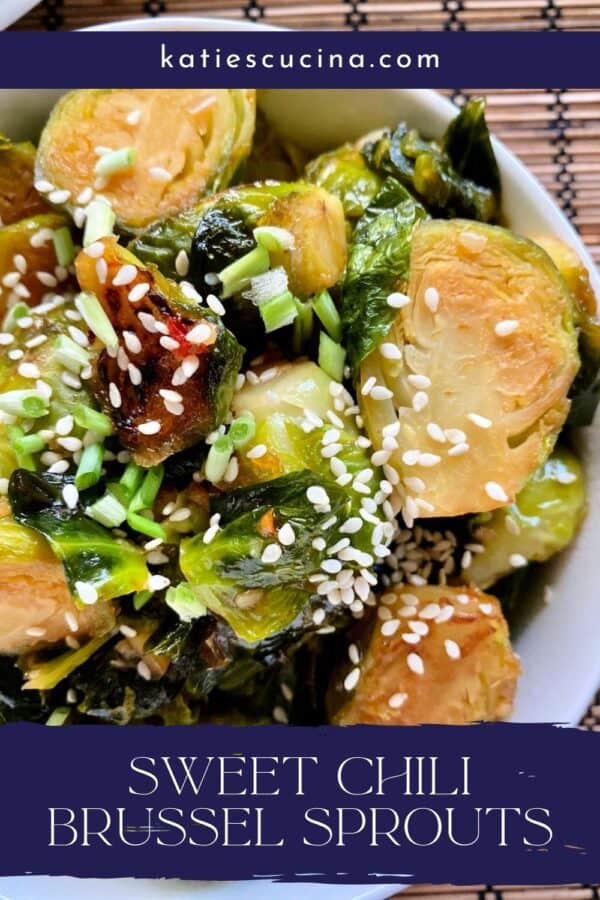 Close up of sliced brussel sprouts in a bowl with text on image for Pinterest.