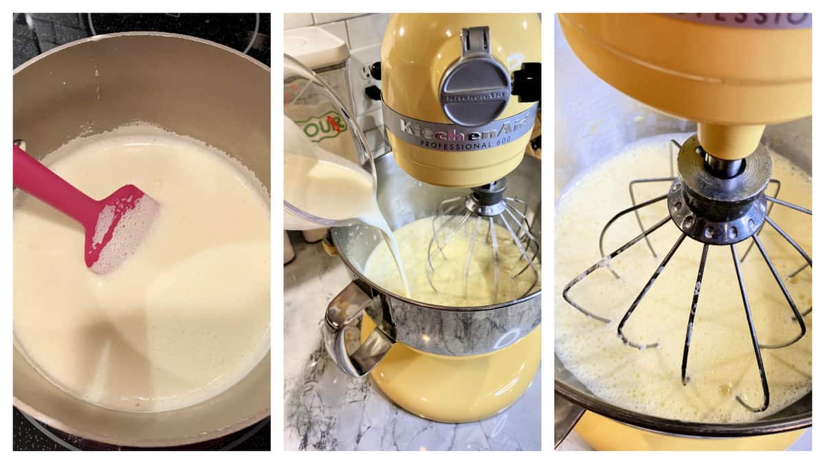 Three photos of frothy egg/cream mixture in a KitchenAid stand mixture.