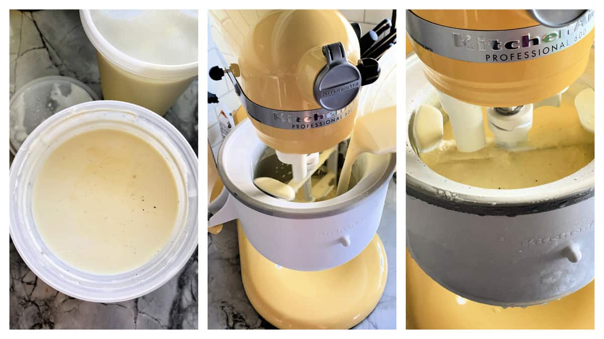 Three photos of ice cream batter churning in a KitchenAid Mixture Ice Cream attachment.