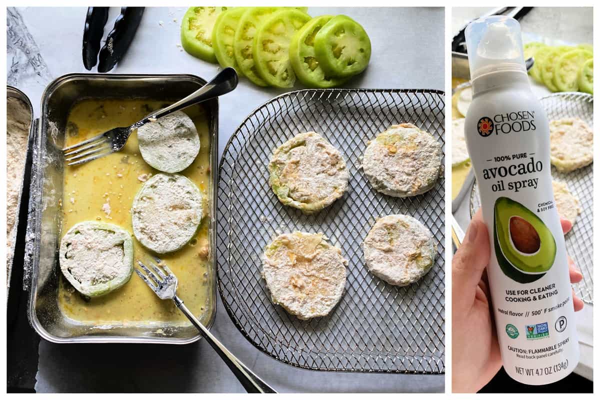 Top view of coated tomataoes on a wire rack and right photo of a hand holding avocado oil spray.