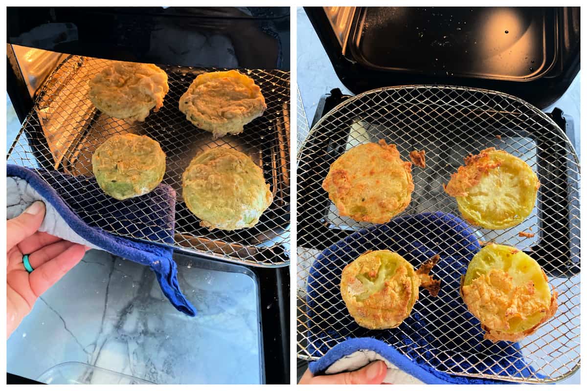 Two photos of Fried Green Tomatoes on wire racks cooked.